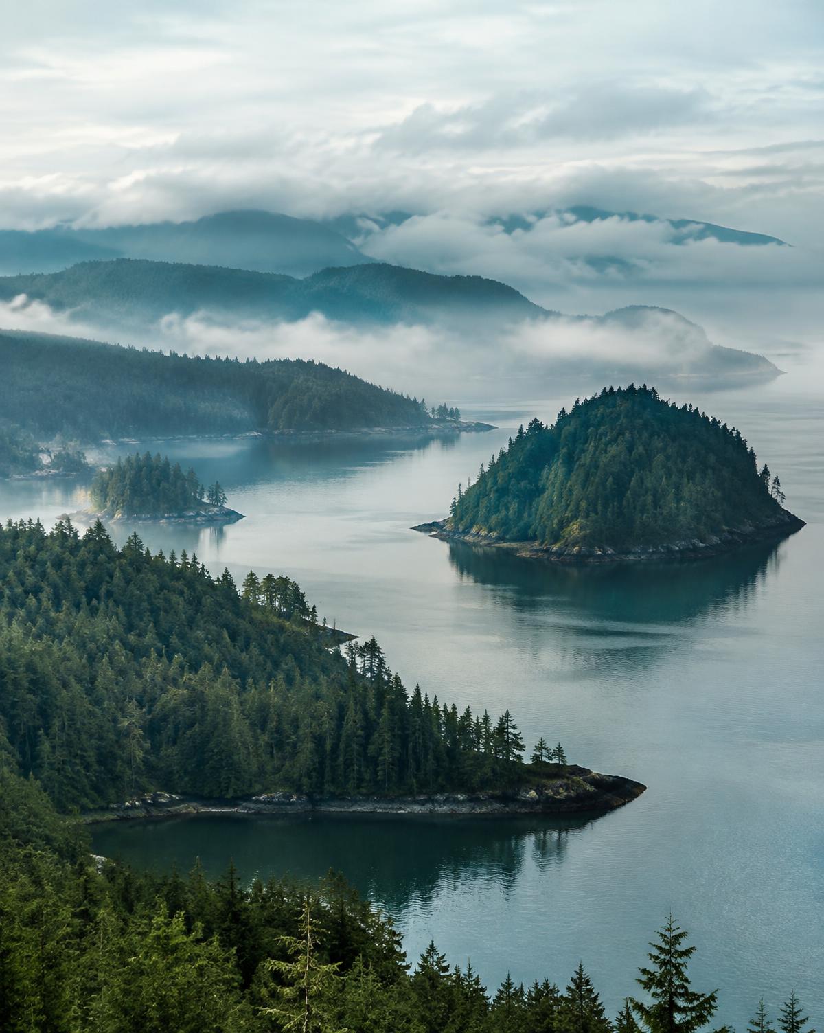 Forested islands and misty inlets along the coast of British Columbia