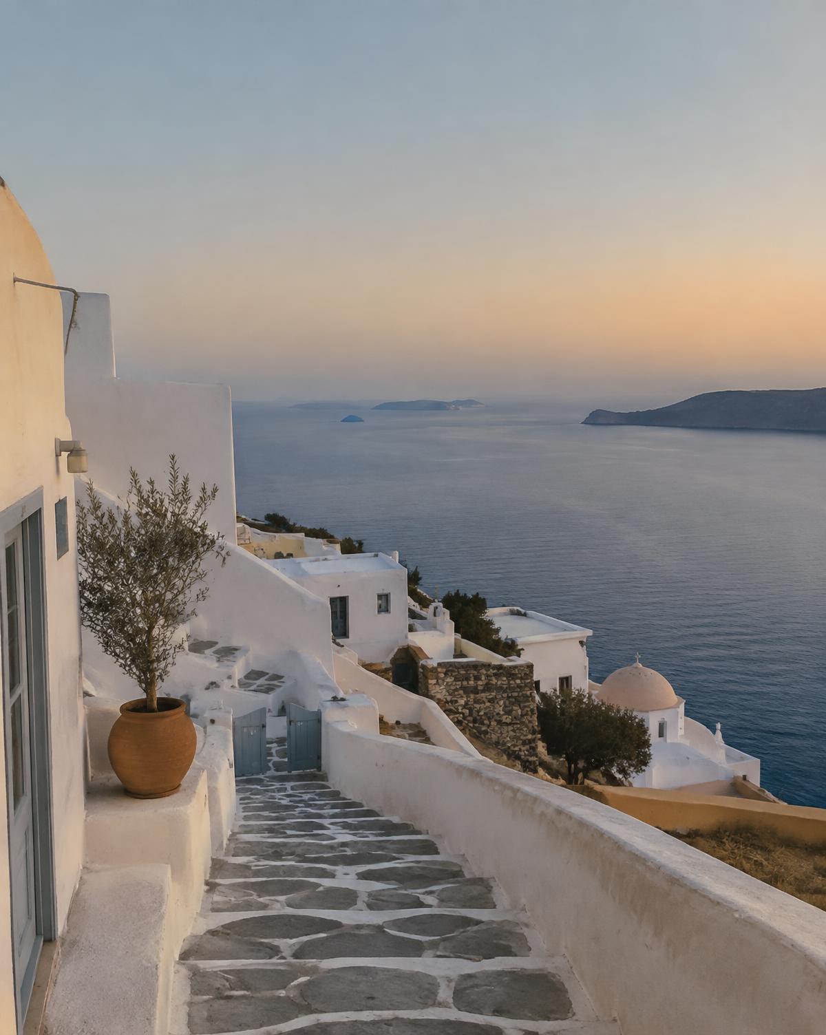 Stone steps between whitewashed Greek island houses above a calm sea at dusk