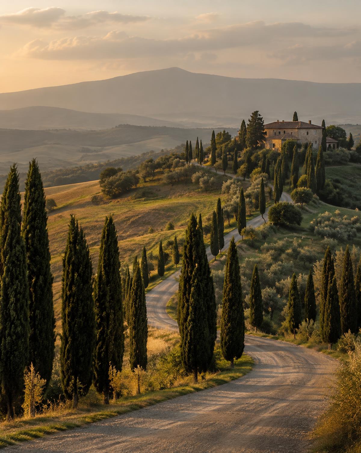 Cypress-lined road through Tuscan hills at golden hour