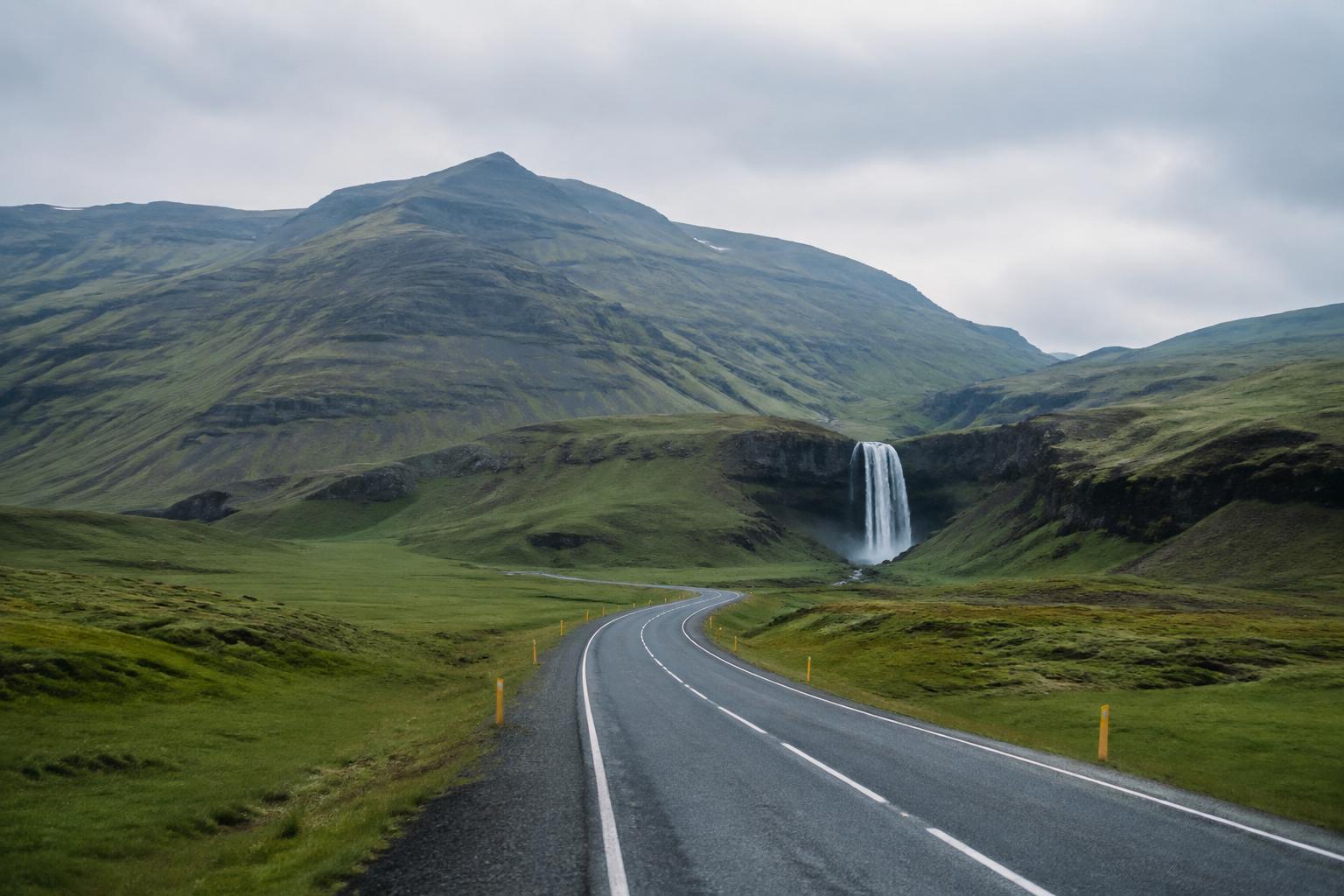 Empty road curving through Icelandic volcanic landscape